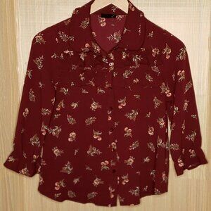 EAM Womens Red Floral Gauzy Textured Blouse Large